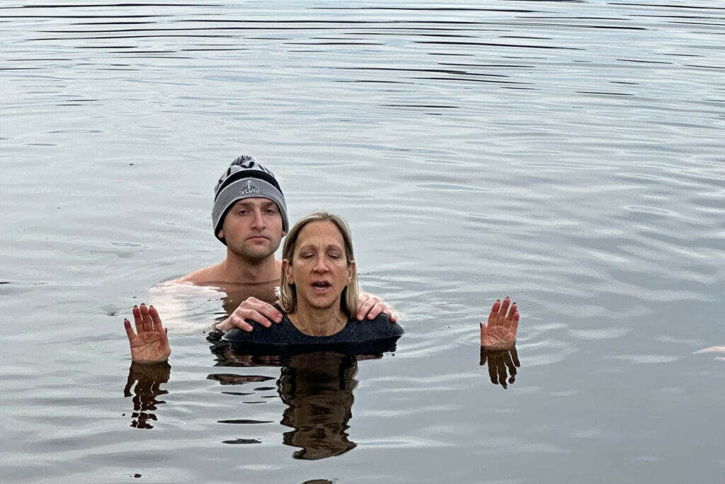 Nancy Friedberg and her son on cold water plunge